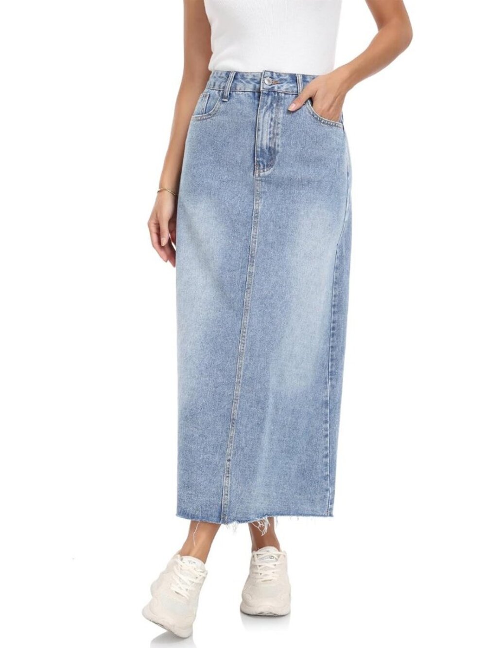 High-Waisted Denim Midi Skirt for Women | Stretchy A-Line with Pockets & Frayed